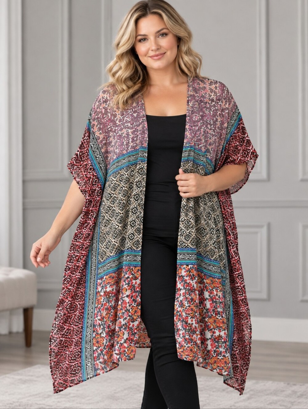 Flowy Boho Floral Patchwork Open Kimono - Pink Multi